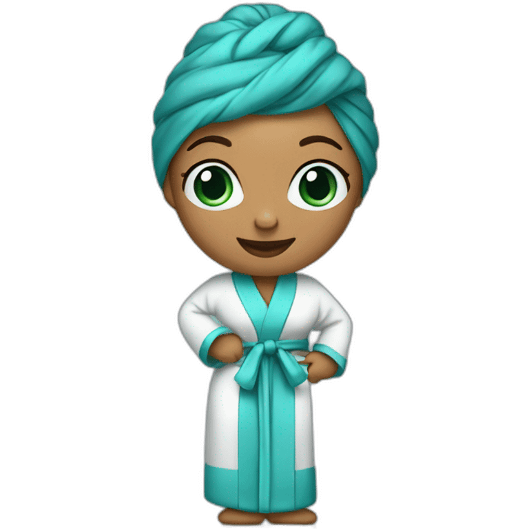 Woman in full body pinstripe bathrobe with turquoise turban emoji