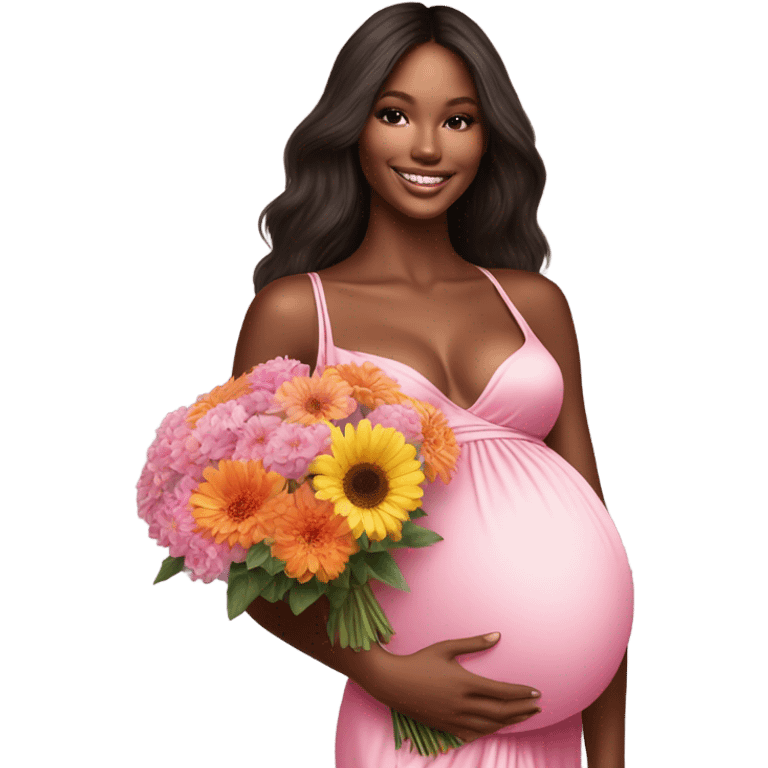 Realistic Photo of a Victoria secret model pregnant posing with flowers at her baby shower  emoji