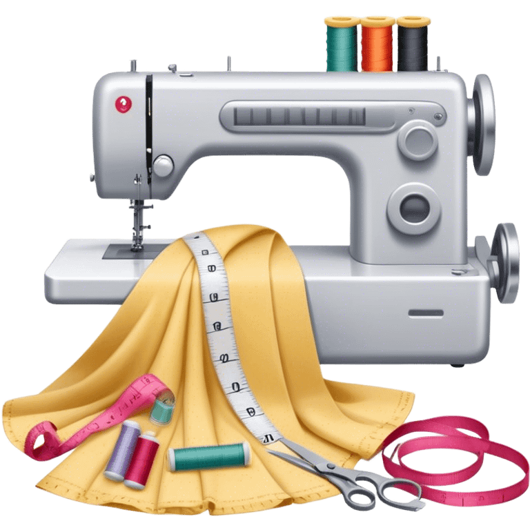 Sewing icon, measuring tape, pins, scissors, and a dress in progress, sewing machine with thread, visible needle, spools of thread, fabric pieces cut according to patterns, minimalistic style, clean lines, transparent background. emoji