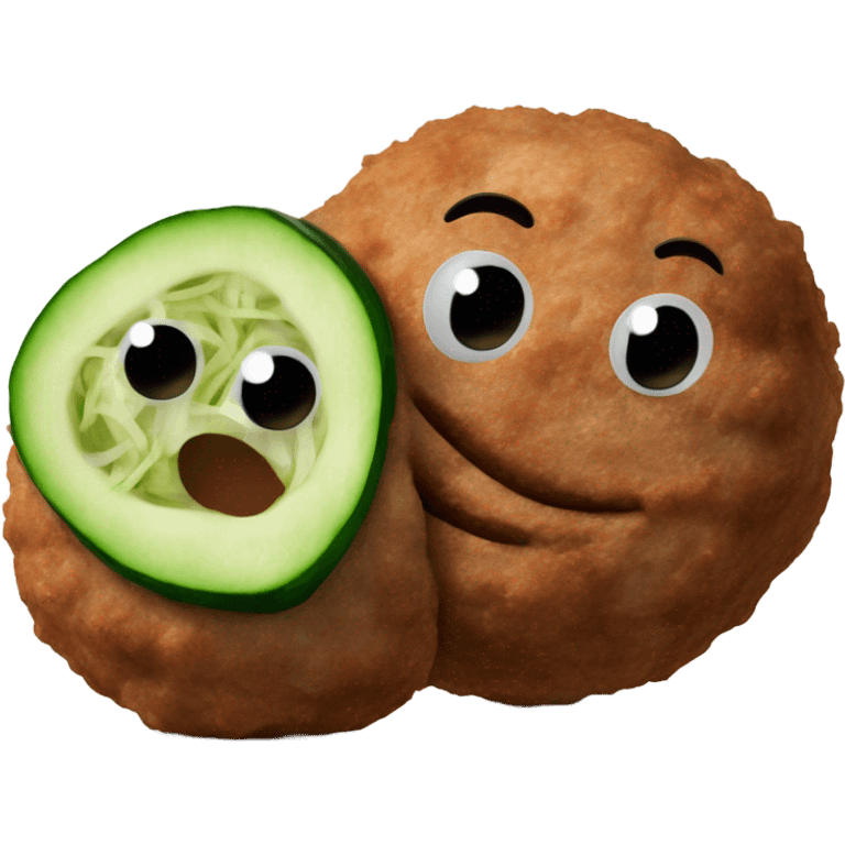 Two meat balls side by side with a cucumber standing vertically on top in the middle of them emoji