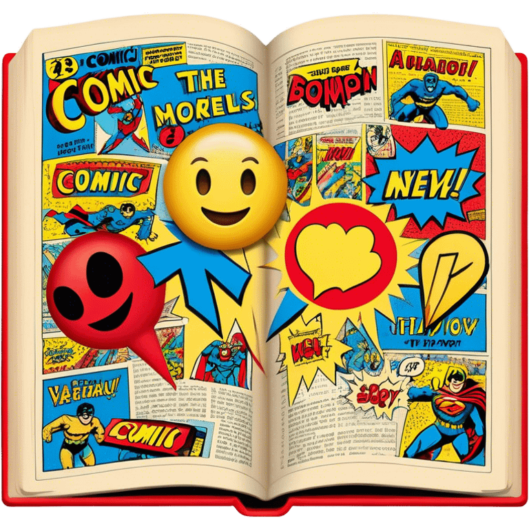 Create a vibrant emoji representing comic books and graphic novels as an art form. The design should feature a large, open comic book with vintage comic panels on the pages. Include a pencil (without a hand) gently writing text or sketching on the pages. The comic panels should have bold lines and retro-style artwork with classic comic book visuals. Use bright, energetic colors like red, yellow, and blue to evoke excitement and creativity. The overall design should feel dynamic, vintage, and artistic. Make the background transparent. emoji