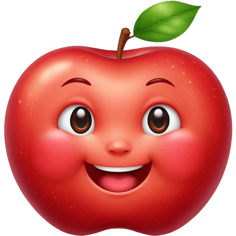 Cute Kawaii Apple, round and plump, bright shiny red with a tiny green leaf, chubby cheeks, sparkling eyes, a happy smile, soft glowing highlights, radiating fresh sweetness! emoji