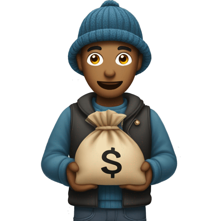 A man with mask,  woolen cap and a money bag in hands emoji