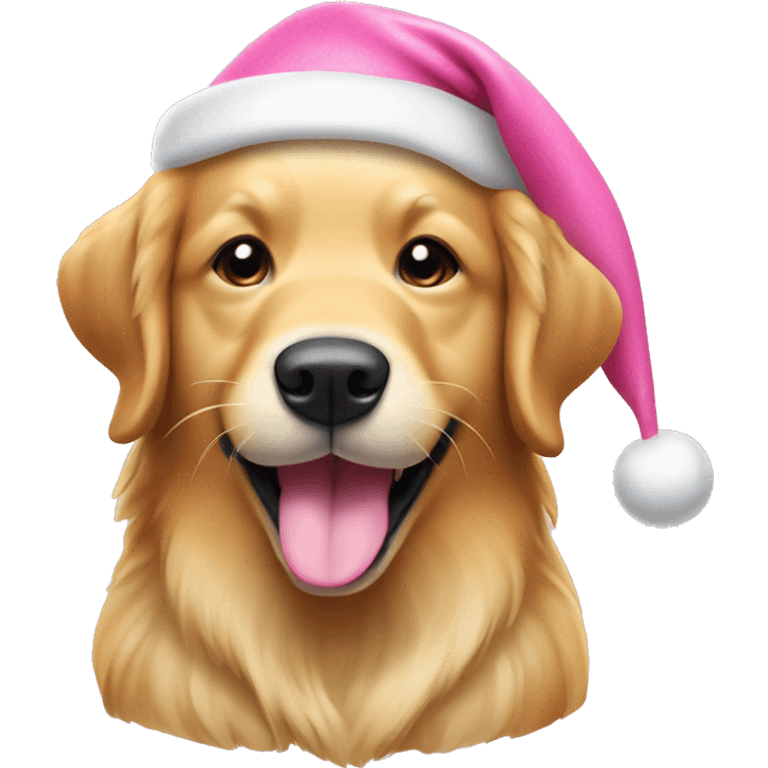 A golden retriever dog with its tongue out, smiling, and wearing a pink Christmas hat. emoji