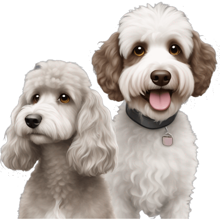 Brown and white poodle beside a all grey aussiedoodle emoji