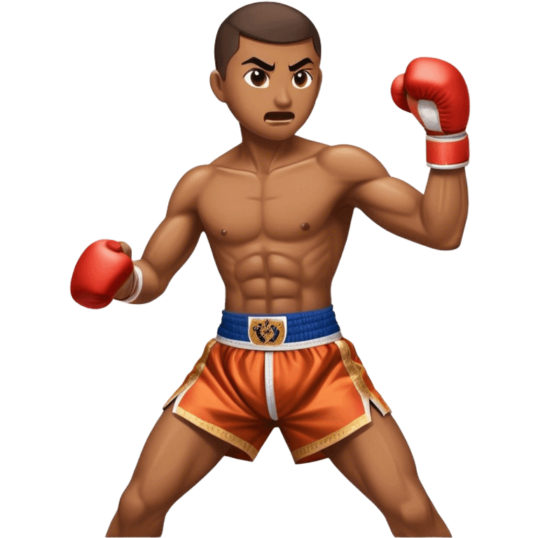 Cinematic Realistic Traditional Muay Thai Emoji, depicted as an intense dynamic martial arts scene featuring a fighter in traditional Muay Thai stance and attire, rendered with rich textures and energetic dramatic lighting that captures the sport's raw power. emoji