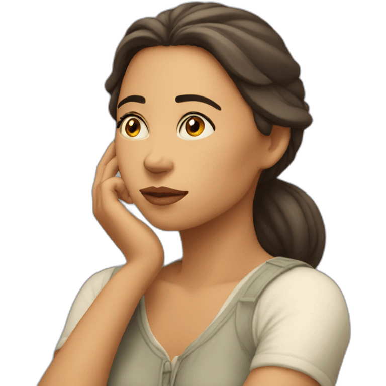 pensive, thoughtful woman touching her chin and looking up emoji