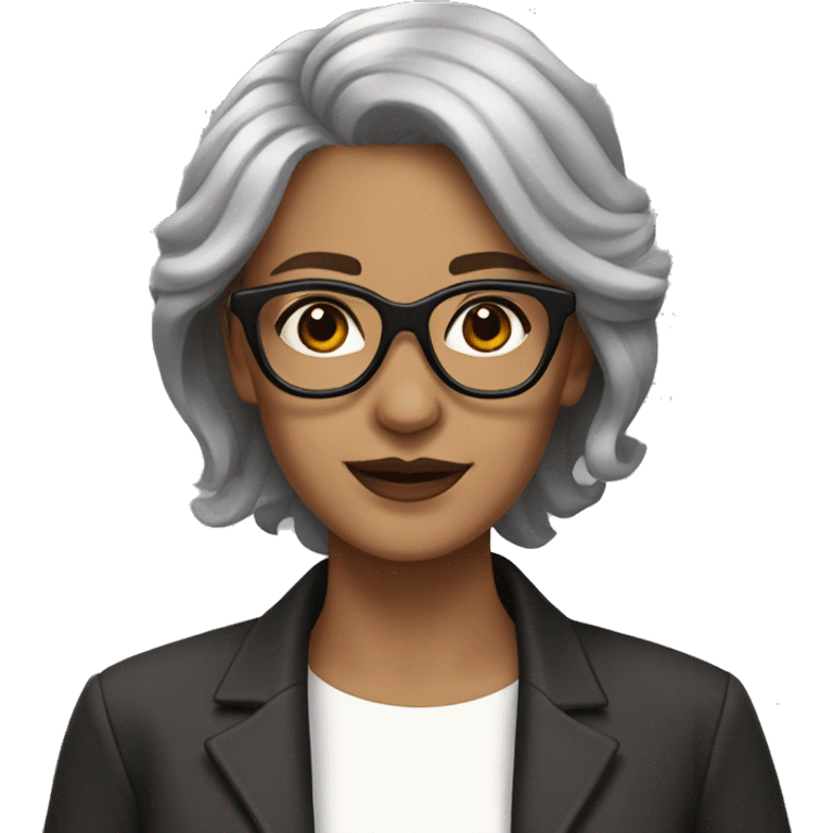 Lady with a pointed chanel black and gray hair,  light brown eyes with brown glasses emoji