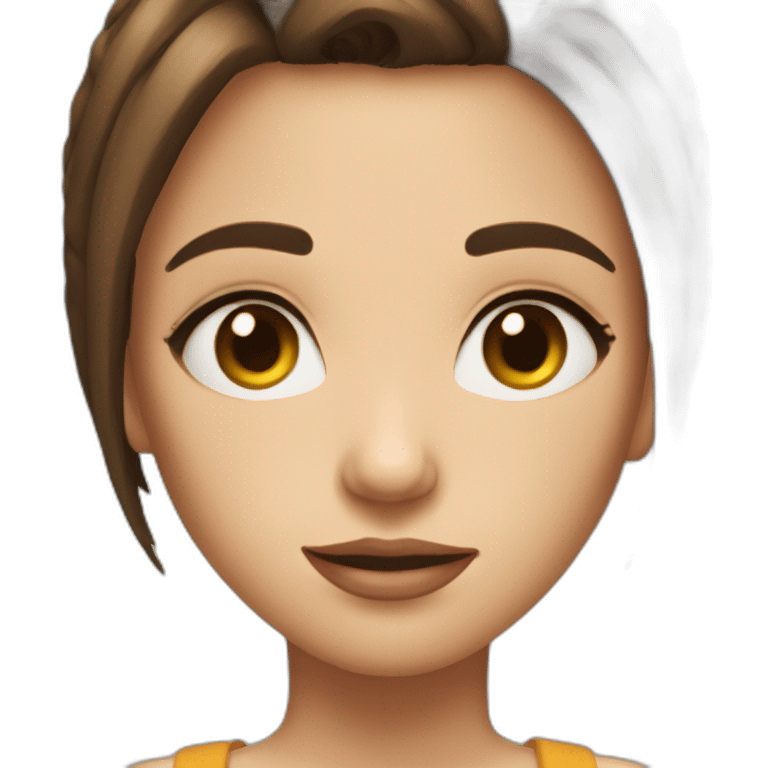 A girl have short hair and brown hair and the color of her eyes is like honey  emoji