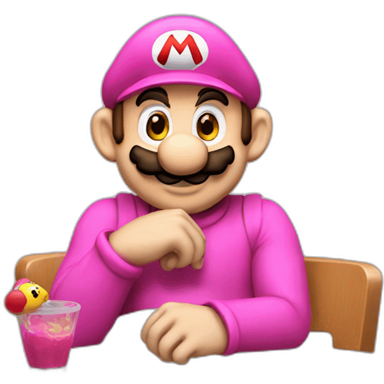 mario sitting at a table with a pink teletubby emoji