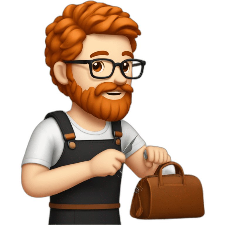 Red smooth haired man with beard and glasses sewing a leather bag by hand emoji