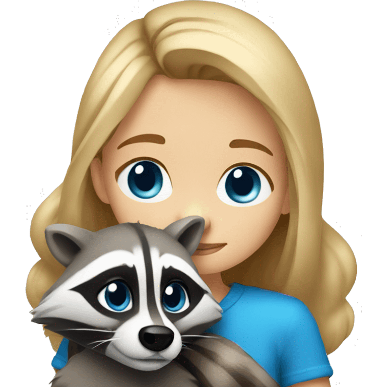 Dark blonde, blue eyes, girl, hugs a racoon emoji