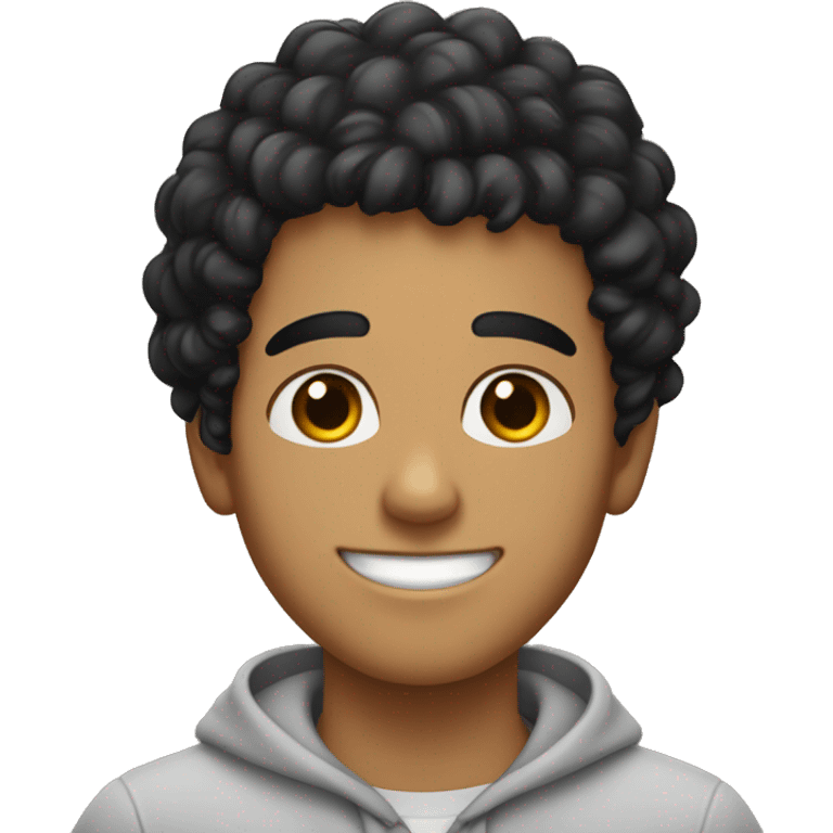 young hispanic guy with very curly black  hair and no beard or mustache, and with sweet smile emoji