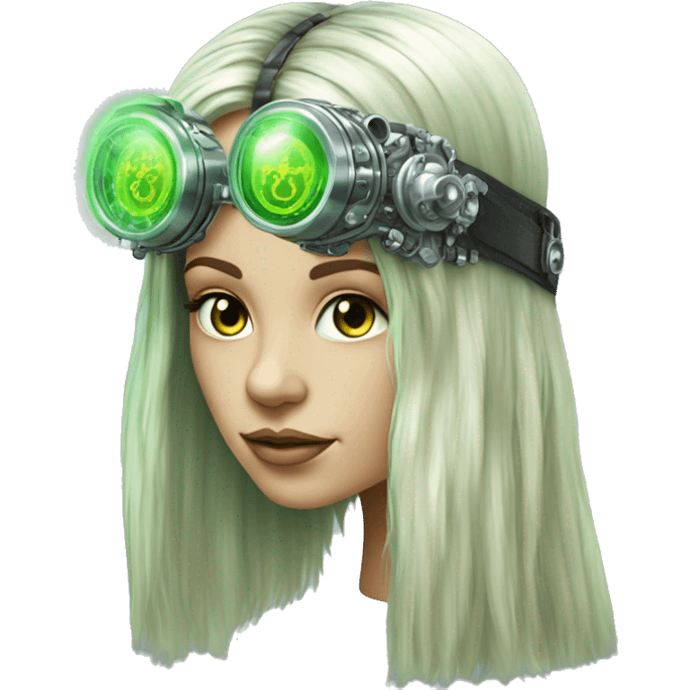 Light green long hair female cyborg head with silver steampunk headband goggles, circuits emoji