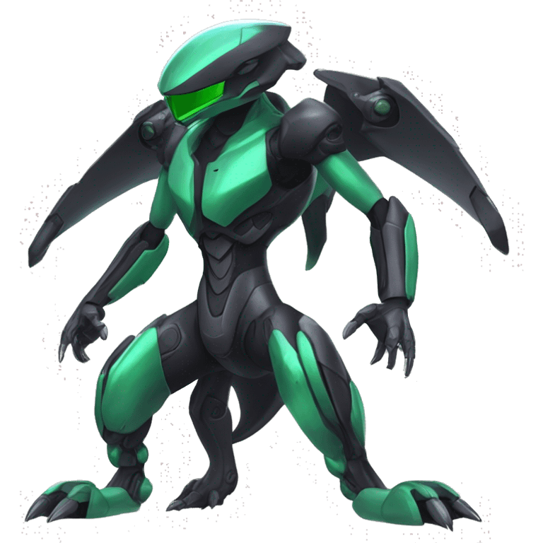 a shiny black-green Genesect-Raptor-Fakémon—hybrid with a futuristic visor-helmet full body emoji