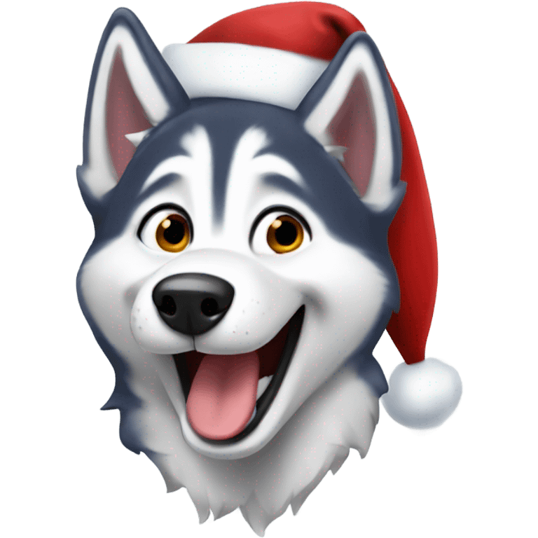 Husky laughing wearing Santa hat emoji