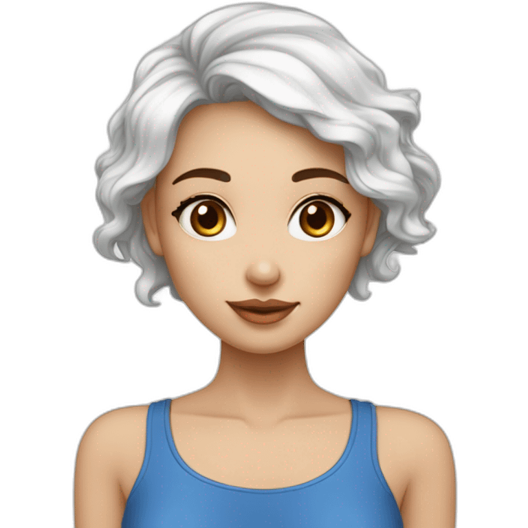 Femme de petite taille au teint blanc avec des yeux bleus avec des cheuveux marrons long boucles en bas emoji