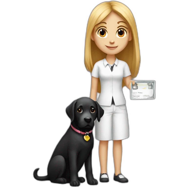 girl in white shirt with black labrador holding a cheque with "100,-" emoji