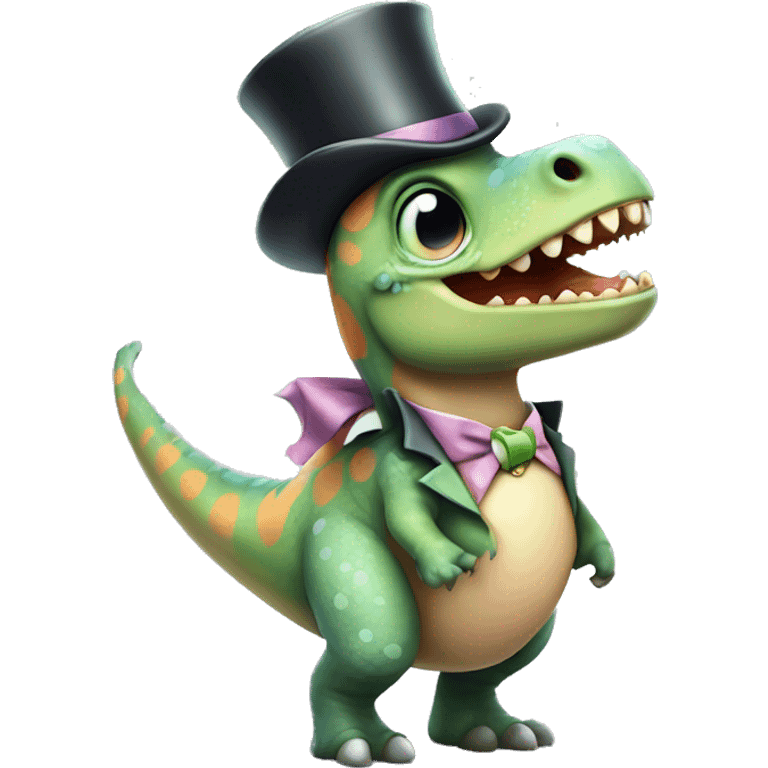 Cute charming dinosaur with tophat and monocle 3/4 view with pastel colours emoji