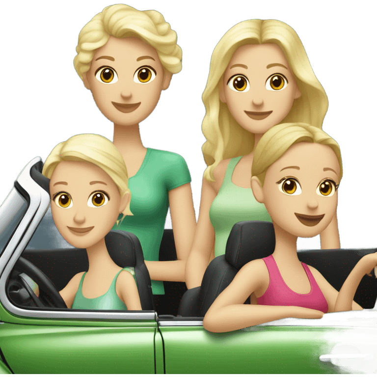 Two Caucasian blonde girls and two Caucasian brunette girls in a green VW beetle convertible emoji