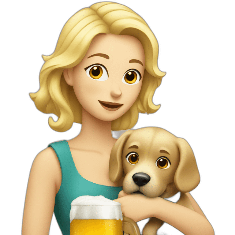 A blond women drinking beer with a dog in her arms emoji