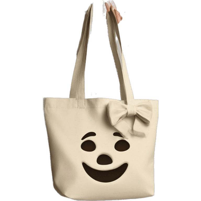 a sand color tote bag made with soft cotton with a bow as the handle. emoji