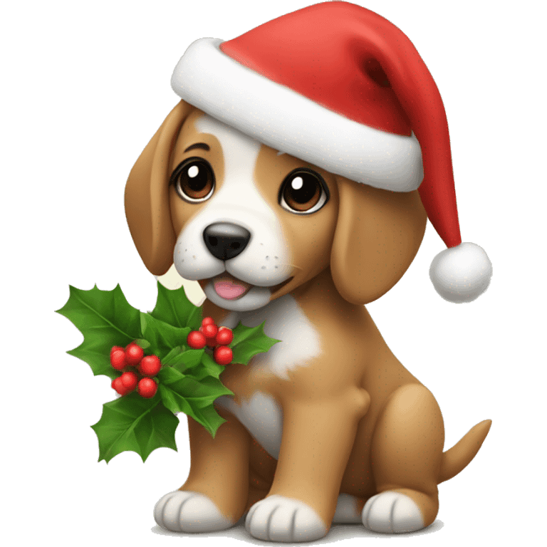 a little puppy with a christmas hat holding flowers emoji