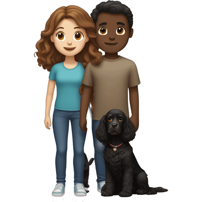 brown-haired girl and brown-haired boy with a black cocker spaniel emoji