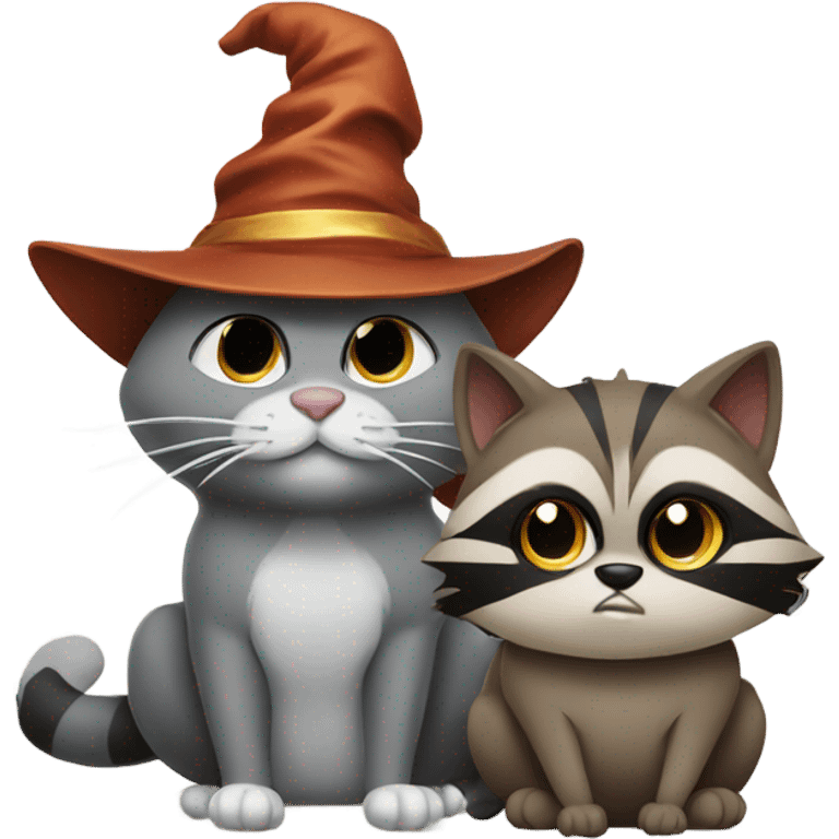 Grey cat with wizard hat sitting next to brown angry raccoon cat emoji