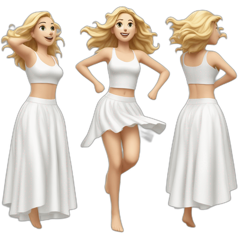 Hyperrealistic Full body Caucasian curvy beauty jumping white skirt back and front views strong wind emoji