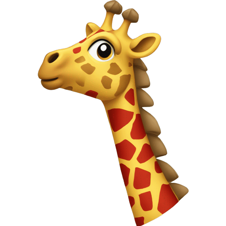  a rubber giraffe with patches of red, yellow, blue, red and green emoji