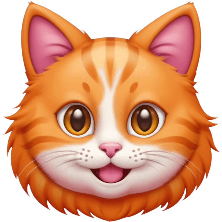 cute cat emoji features a round face with large, expressive eyes and a cheerful smile. Its warm orange fur has subtle stripes, and its perked-up ears have a pink hue. With a fluffy, curled tail and prominent whiskers emoji