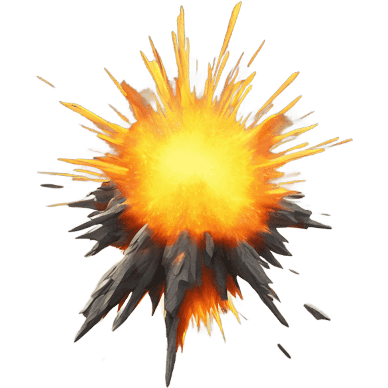 A large, fiery explosion with orange and yellow flames bursting outward, sending debris flying, with a shockwave of energy radiating from the center. emoji