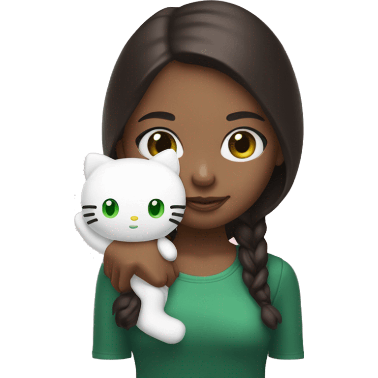 Give me a girl with green eyes and dark brown hair holding a hello kitty plushy emoji