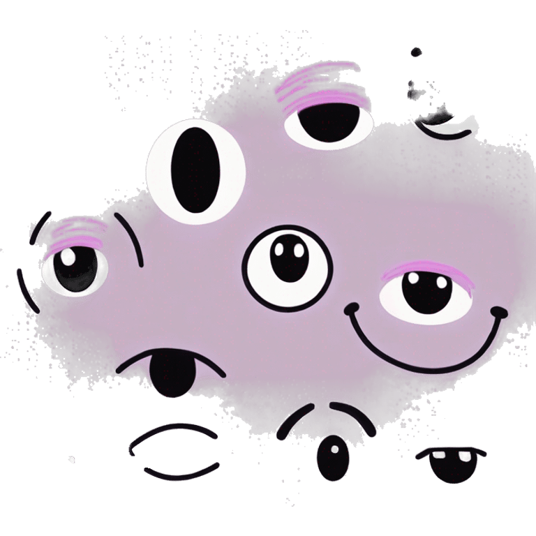 light purple/pink smiley face, big cartoony eyes with scribbly pupils, one eye bigger than the other, and a black baby hair emoji