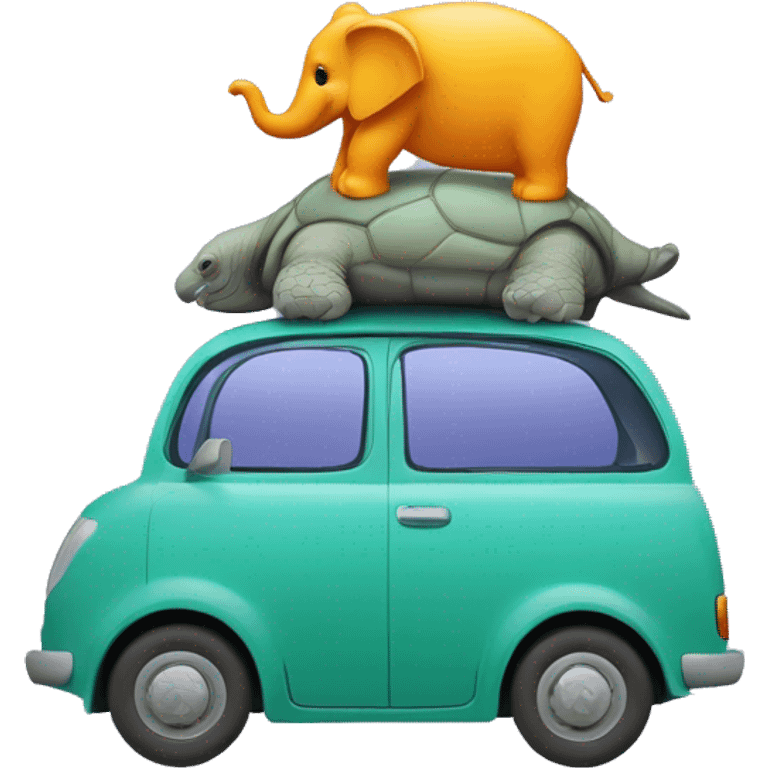 Une voiture avec un éléphant sur le capot, une tortue sur le toit , un lièvre dans le coffre et une souris qui conduit. La voiture sera de couleur violet,jaune,bleu,vert et orange emoji