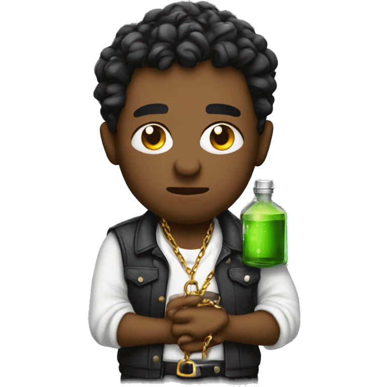 a heartbroken a gangster with a chain holding a potion bottle drinking emoji