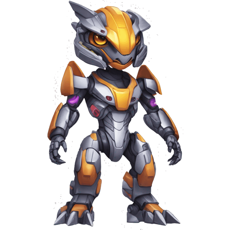 Colorful Edgy Chibi Greymon-Velociraptor-Genesect-Fakémon-Pokémon wearing a with a futuristic visor-helmet And Mecha-suit Full Body emoji