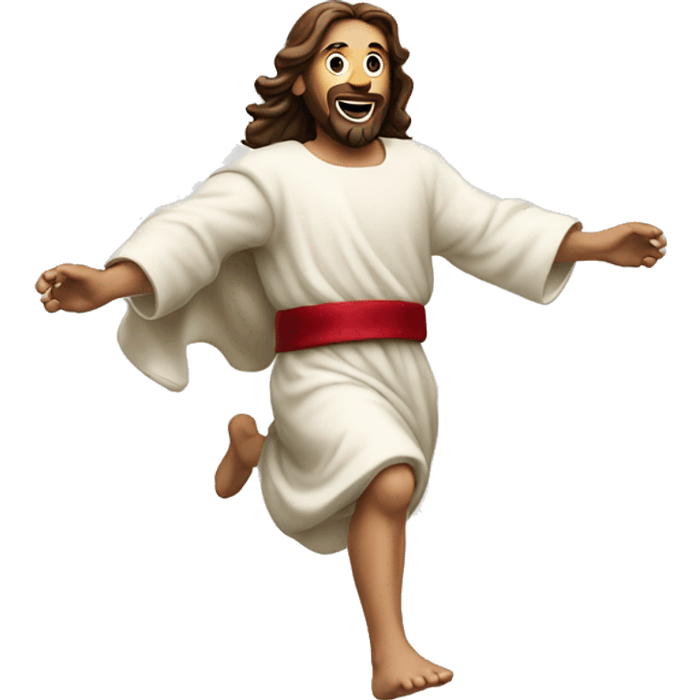 Jesus sprinting, with a large stride and arms outstretched, in a santa costume emoji