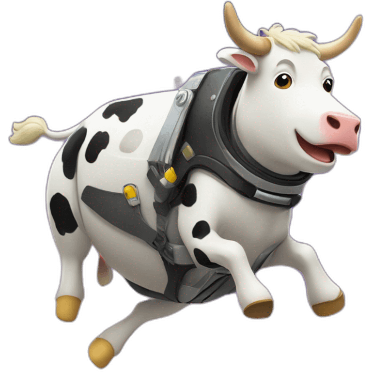 side-on view of cow flying to space while wearing a jetpack with legs being pushed back by the wind emoji