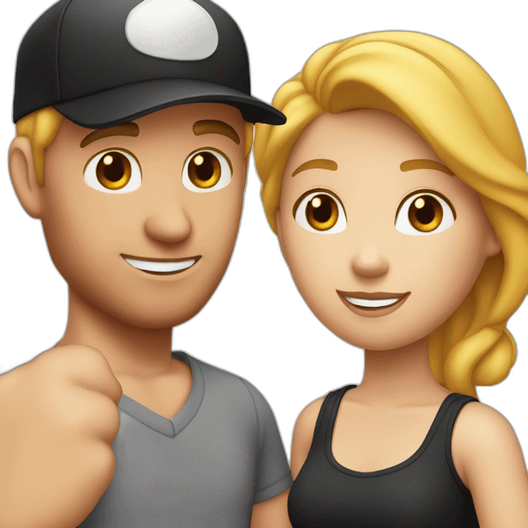 couple blond man with black cap and white shirt, woman with red hair shirt with neckline emoji