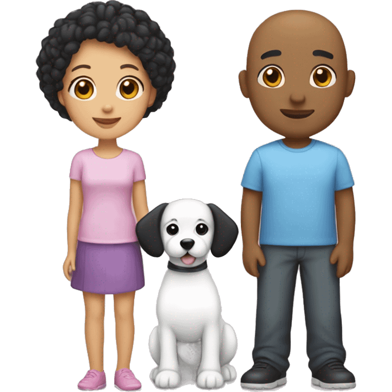 A dad with light skin, bald. A mom with light skin and short black hair. A daughter with medium skin with straight black hair. Another daughter with light skin and black hair. Bichon dog emoji