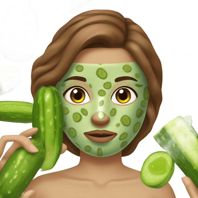 Girl with freackles Brown hair and white skin wears skin care mask Thats Green and on top of that pickle on her closed eyes emoji