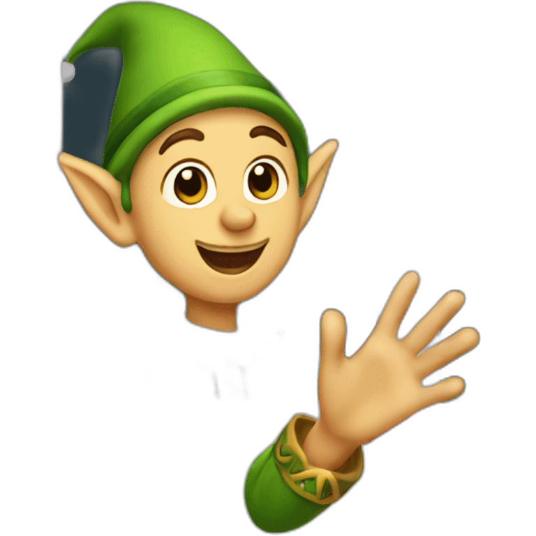 elf waving right hand coming out of the right side of the window emoji