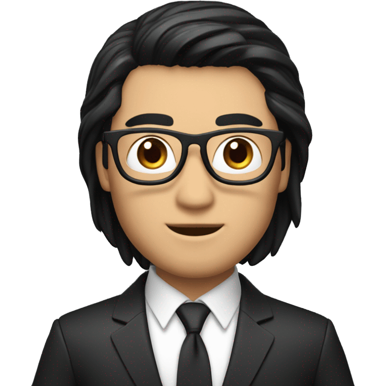 memoji of a male with a laptop in front,apple-style,modern,black hair,black suit,computer in hand --ar 1:1 emoji