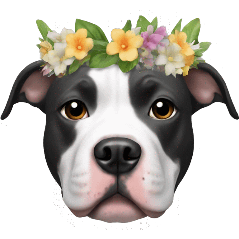 Black and white Pitbull with floral crown emoji