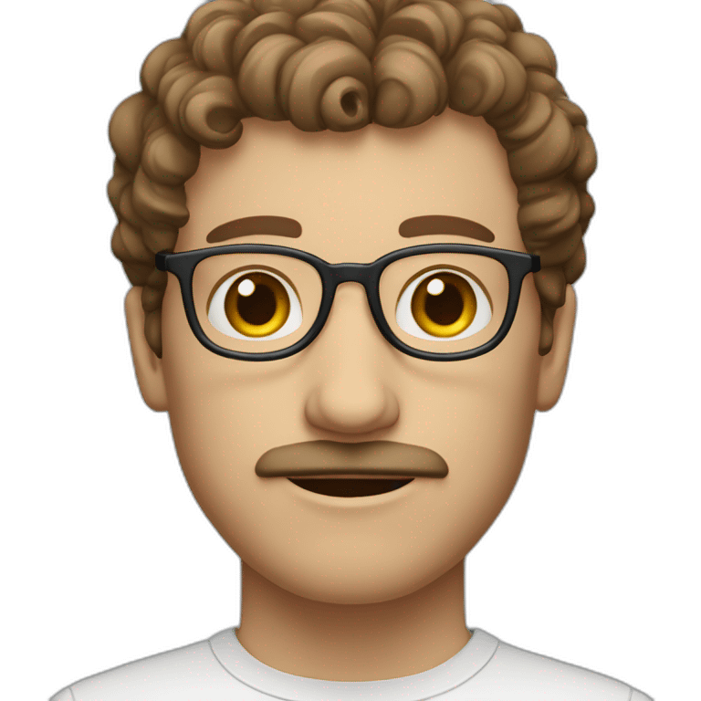 white man with short curly brown hair, blue small eyes, eyeglasses and a brown mustache emoji