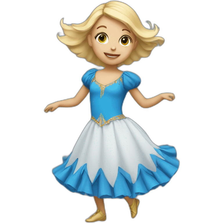 little blonde girl dancing in a blue bird costume emoji