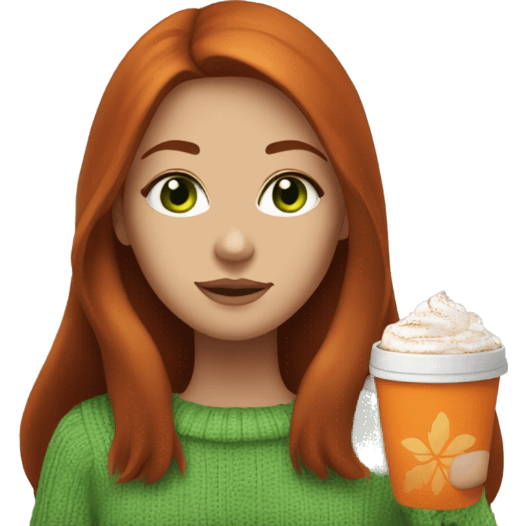 A dark redhead with straight long hair, a girl with green eyes in an orange sweater and a hot chocolate  emoji