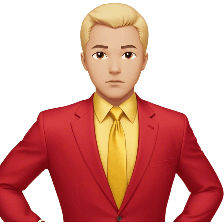 A bust of a confident businessman in a red suit with yellow accents, a yellow dress shirt, and a red tie. His facial expression is determined, with short well-groomed hair and strong, defined facial features. Behind him, a bold upward-trending financial chart (📈) with a thick red arrow moving diagonally upward symbolizes success and career growth. The graph has simple but visible yellow and red bars, reinforcing the theme of achievement. The background is plain white to keep the focus on the man and the business elements. The overall design is clean, professional, and business-oriented. emoji